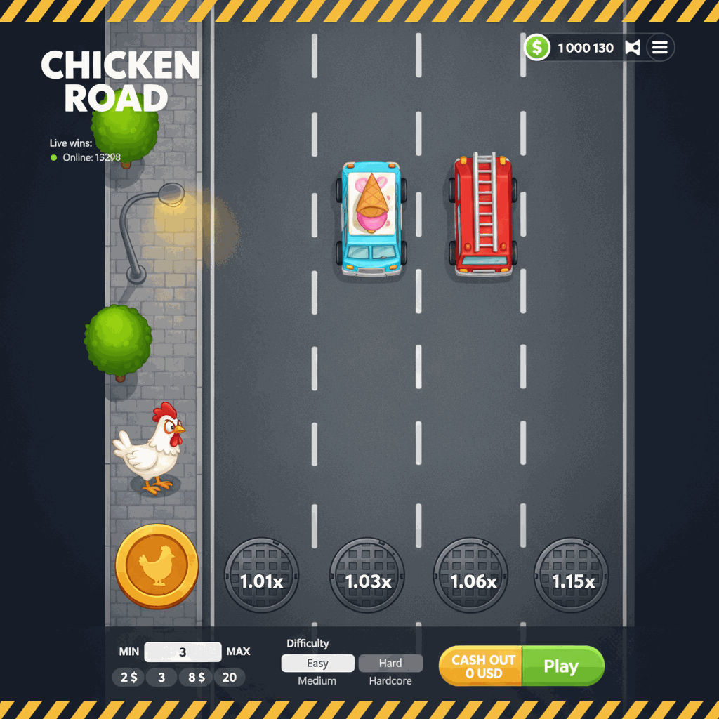 Chicken Road gioco crash di InOut con un pollo bianco che attraversa una strada urbana a più corsie mentre evita le auto per aumentare il moltiplicatore di vincita