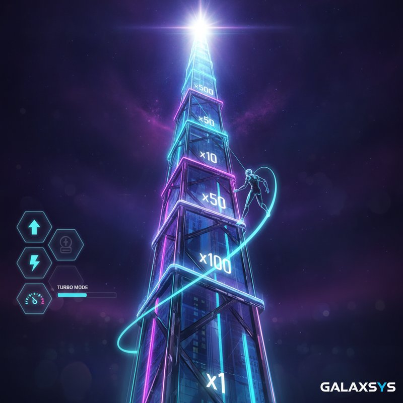 Tower Rush slot di Galaxsys con torre verticale illuminata al neon, moltiplicatori progressivi crescenti da x1 a x500, interfaccia futuristica con livelli di arrampicata e modalità Turbo